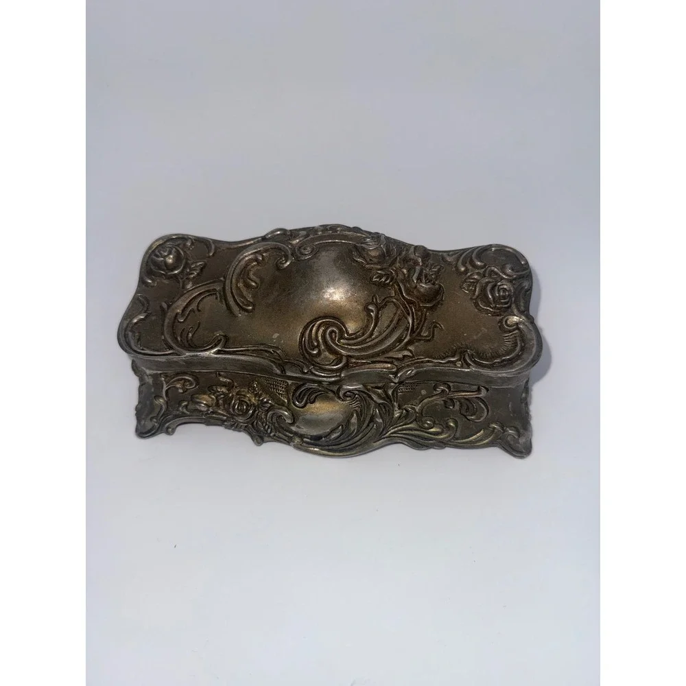 Vintage Art Nouveau Silver Tone Rose Floral Metal Trinket Jewelry Box Red Velvet